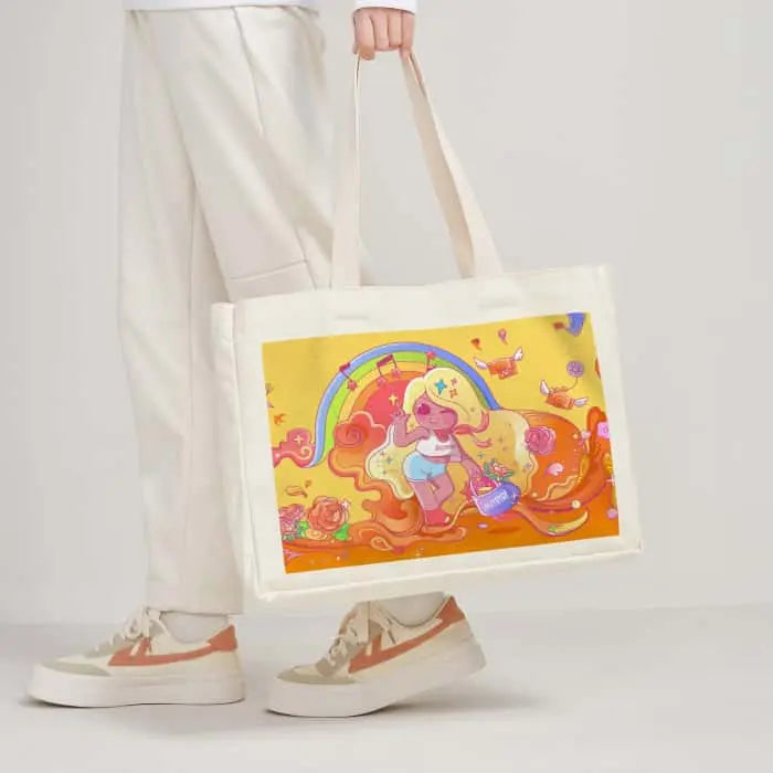 横型部分プリント帆布バッグ